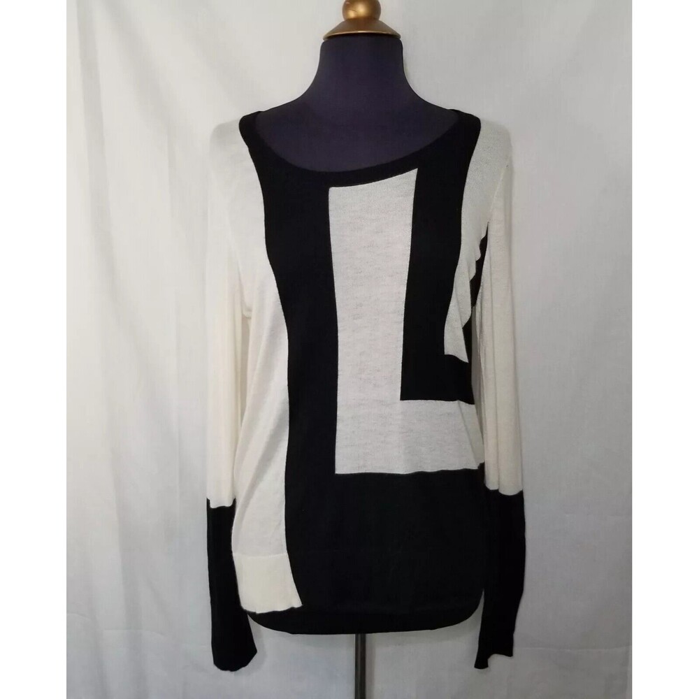 Ann Taylor Sweater Top Womens Size Large Ivory Black Long Sleeve Preppy Career